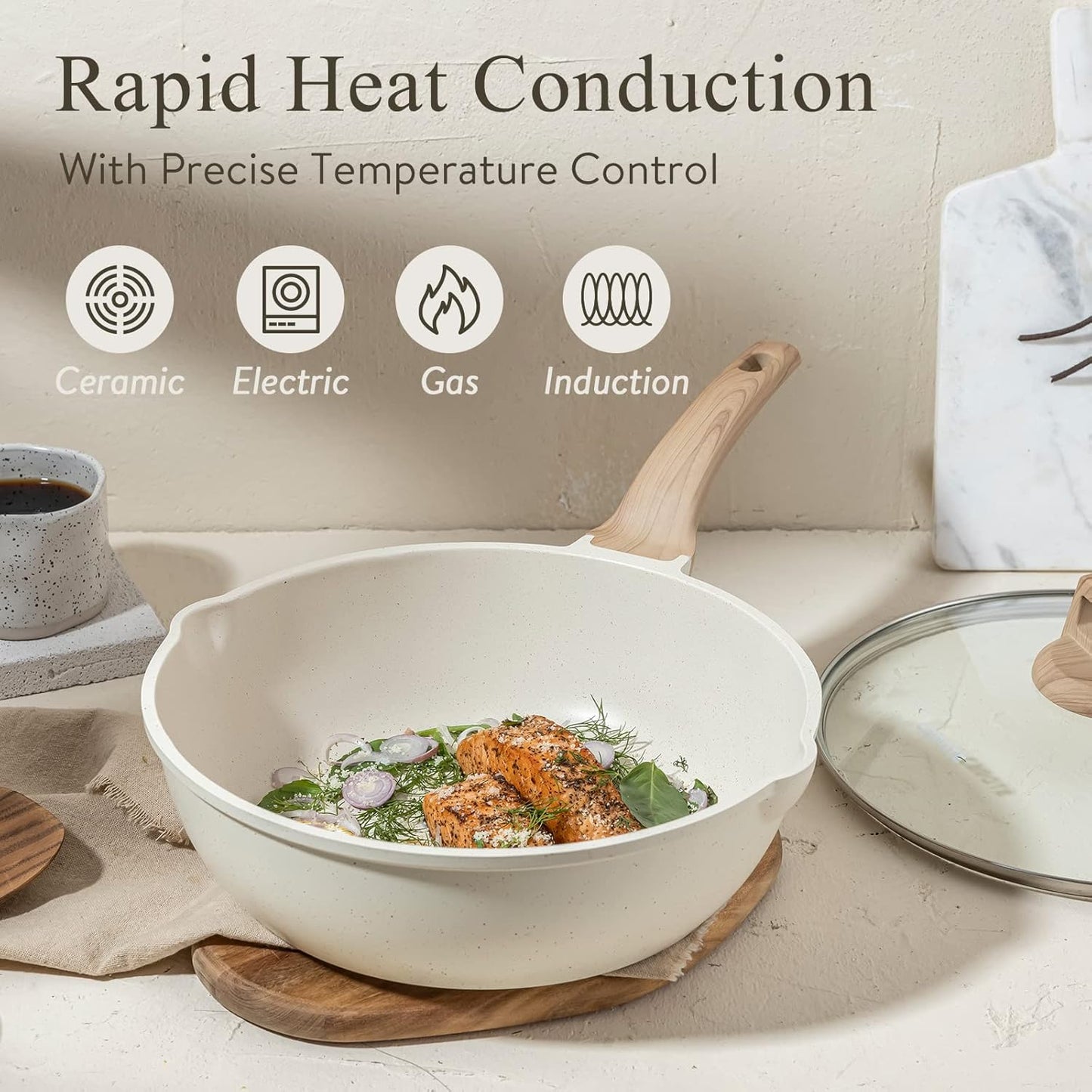 CAROTE 12Inch Nonstick Deep Frying Pan with Lid, 5.5 Qt Jumbo Cooker Saute Pan with Pour Spout, Skillet Induction Cookware, Non Stick Cooking Pan Kitchen Pan PFOA Free, White Granite