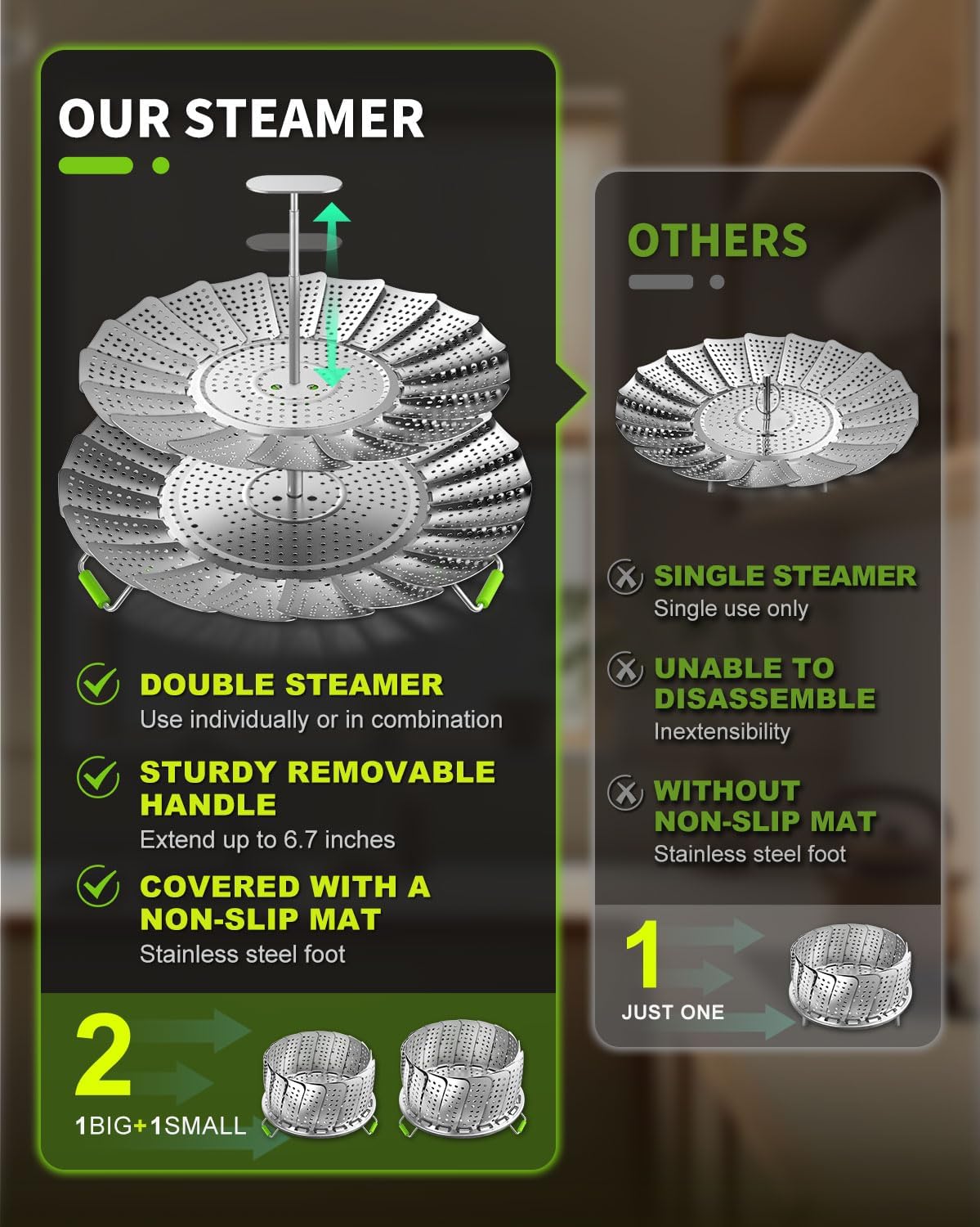 Double Layer Steamer Basket for Cooking - Large Capacity 2-in-1 Stainless Steel Vegetable Steamers, Expandable 5.4-11 Inches Adjustable Steamer Insert for Pots/Instant Pot, Dual Layer Steamers for Baby Food/Seafood/Dumplings