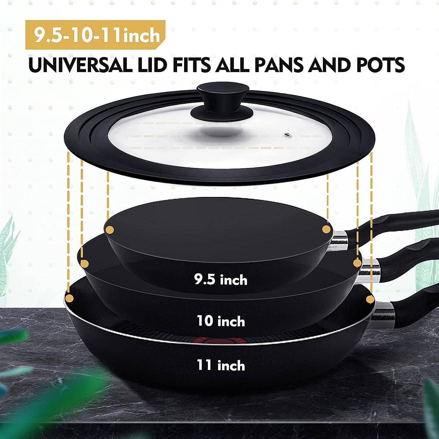 Universal Lid for Pots, Pans and Skillets, Pot Lid With Heat Resistant Silicone Rim and Tempered Glass,Fits 9.5", 10", 11" Diameter Pots and Pans