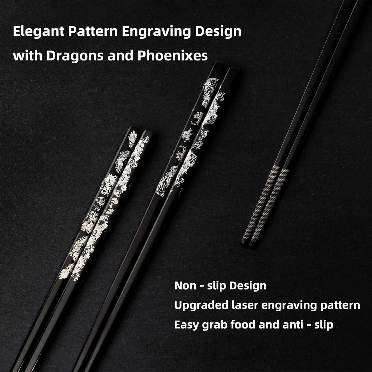 2 Pairs Reusable Stainless Steel Chopsticks, Laser-Engraved Non-Slip Grip, Dishwasher Safe, Japanese & Korean Style, Metal Chopstick Gift Set for Cooking, Dining & Travel (9")