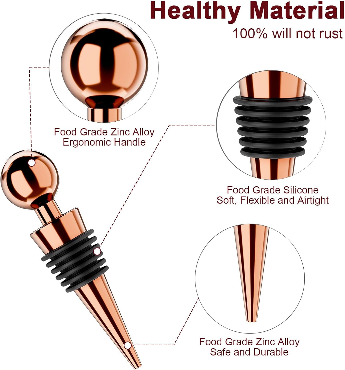 Wine Stoppers for Wine Bottles 3Pcs Vacuum Wine Bottle Stopper with Silicone Reusable Wine Corks, Leak proof Keep Fresh Suitable for Standard (Goldrose, 3 Pack)