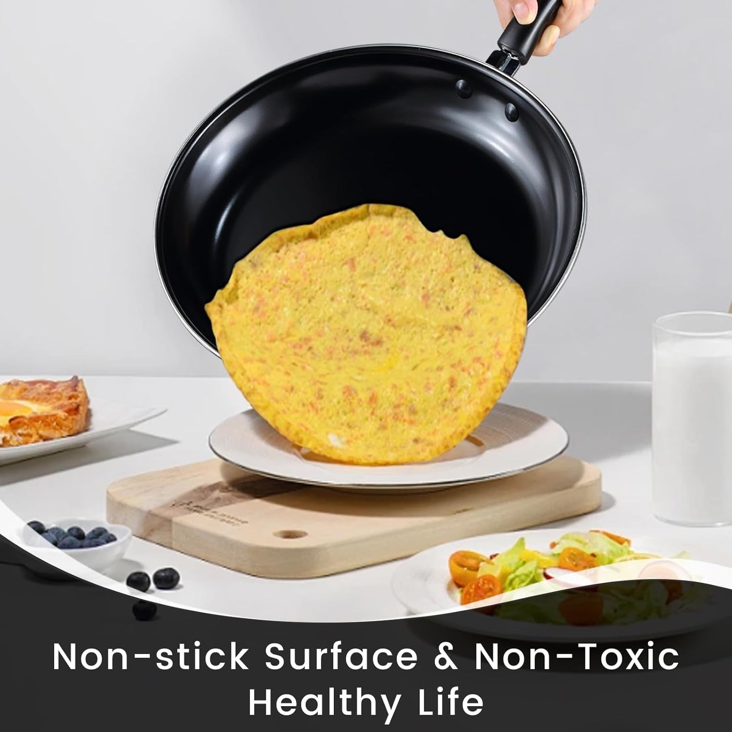 Nonstick Frying Pans Set of 3 - Carbon Steel Frying Pan with PFOA-Free Coating, Stay-Cool Handle, Oven & Dishwasher Safe, Include 2 Spatulas & 7.9, 10.2, 11.8 Inch Skillets for All Stovetops