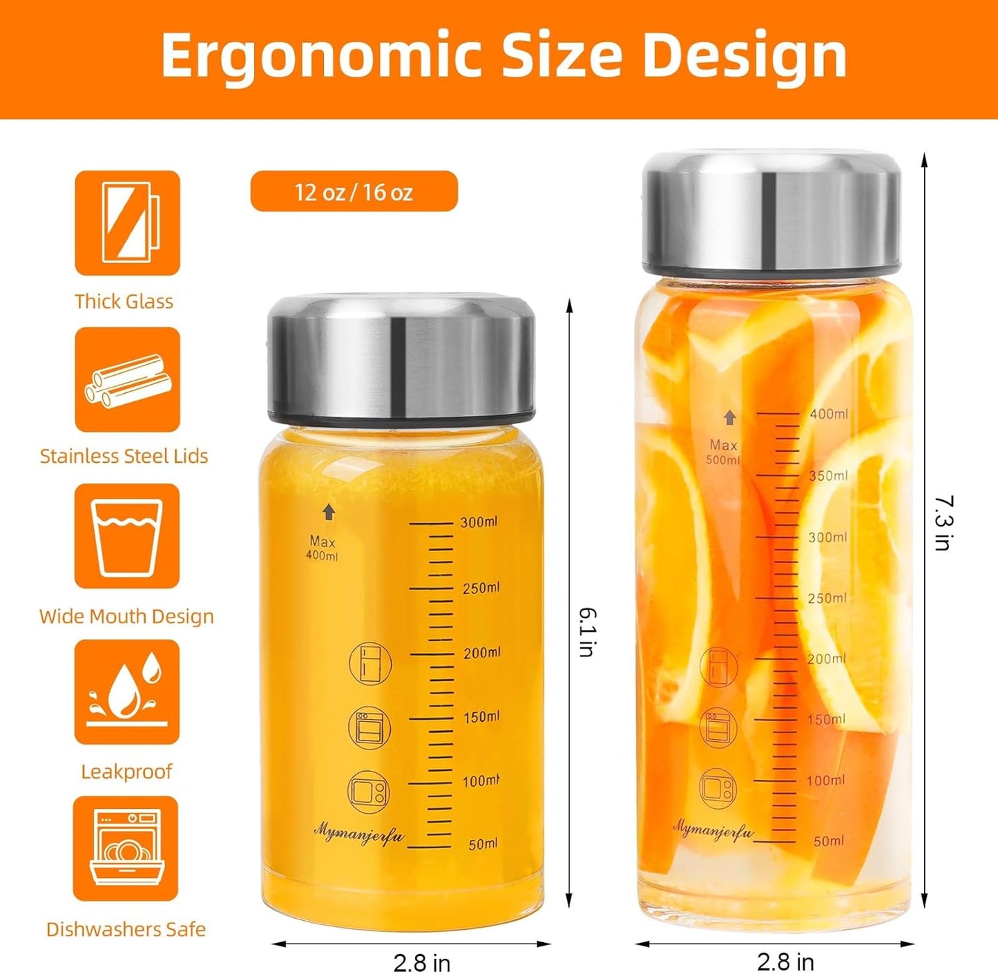 Glass Juice Bottles 6 Pack 12 oz - Wide Mouth Glass Water Bottles with Lids - for Juicing, Smoothies, Milk, Protein, BPA Free, Reusable, Stainless Steel Lids, Leak Proof, Shaker bottle (12oz/400ml)