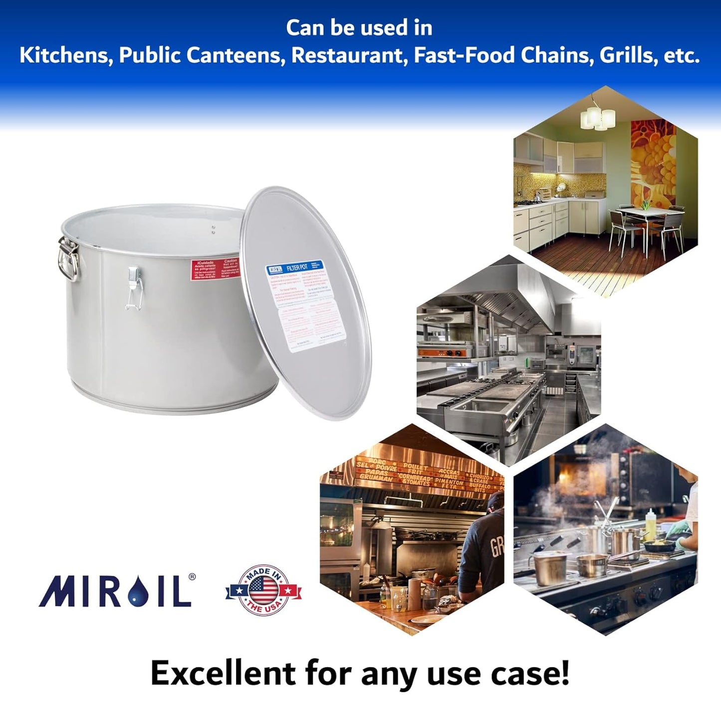 MirOil 7 Gal Grease Bucket & Oil Filter Pot, Made USA, Gasket Safety Lid with Lock Clips, Fryer Oil Capacity Up to 55 lbs. Low Profile To Fit Under Drain Valves, For Filtering of Hot Oil, 60L