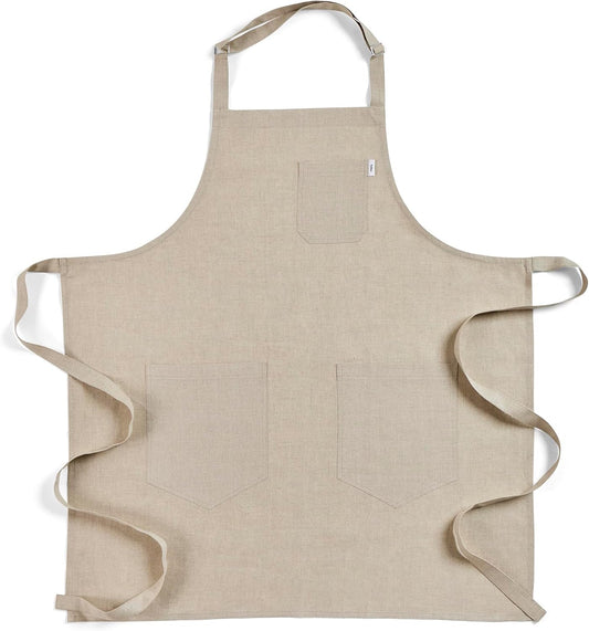 Solino Home Linen Kitchen Apron for Men & Women - Natural Bib Apron with Front Pockets - Handcrafted from European Flax