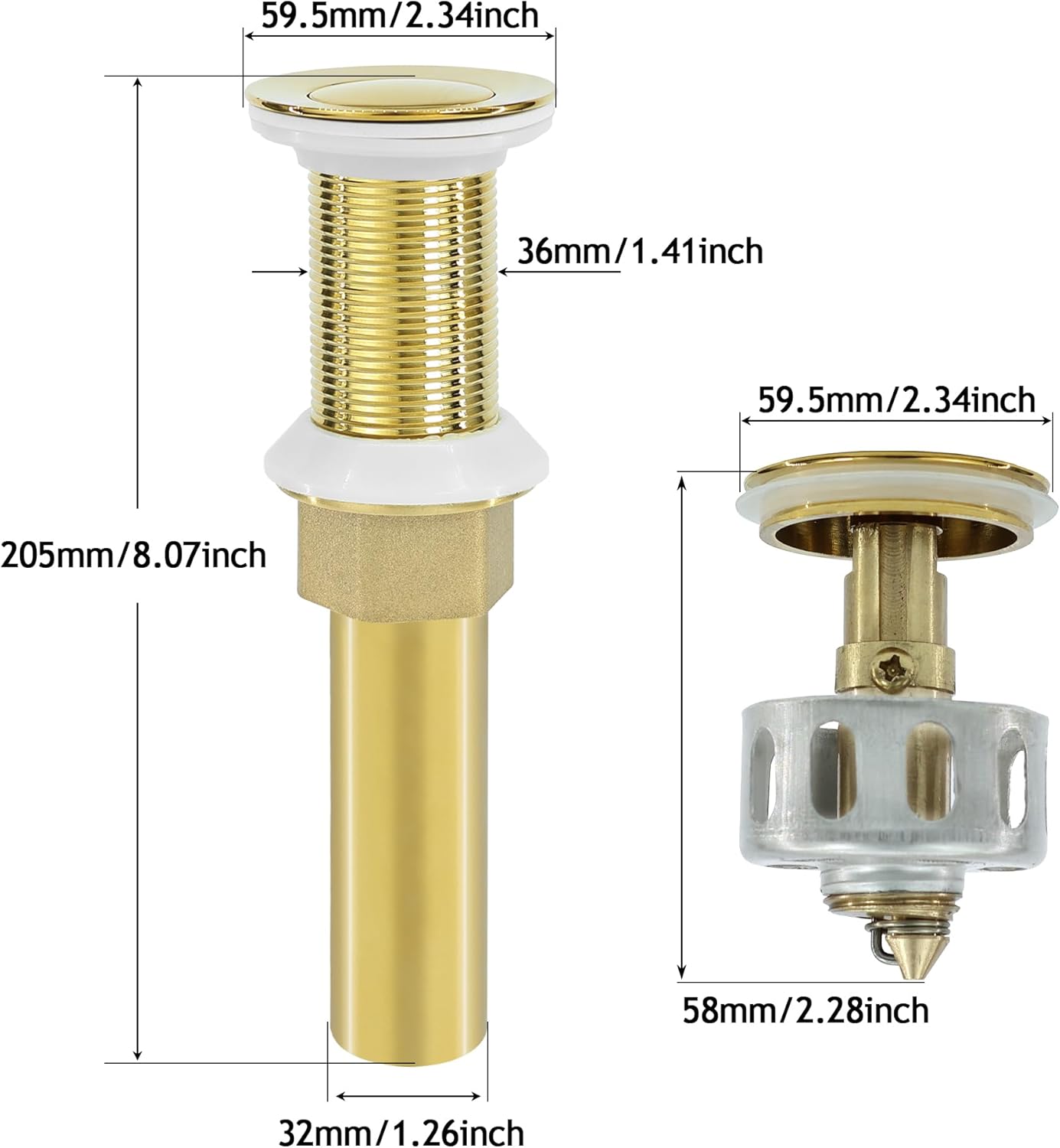 Bathroom Sink Drain,Drain Stopper Gold Stainless Steel Bathroom Sink Without Overflow,Small Cap Pop Up Drain Assembly with Detachable Strainer Basket,Built-in Anti-Clogging