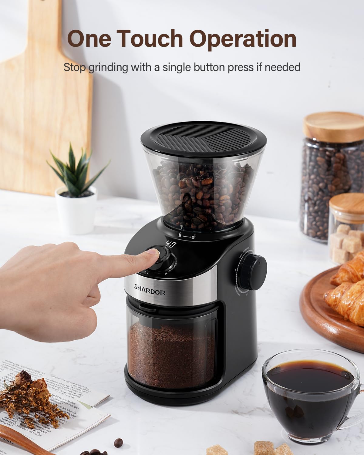 SHARDOR Electric Burr Coffee Grinder, 32 Precision Grind Settings, 40-Second Adjustable Timer, Chamber Cleaning Button, Designed for Coffee Enthusiasts