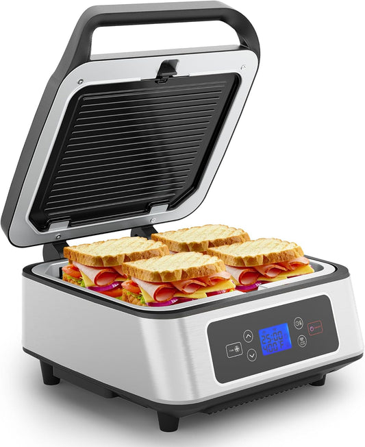 Sunvivi 1300W Smokeless Indoor Grill, Electric Panini Press Sandwich Maker with Auto-Lift, Fan, Independent Upper Heating, Smart Time & Temperature Control, Removable Non-Stick Plates