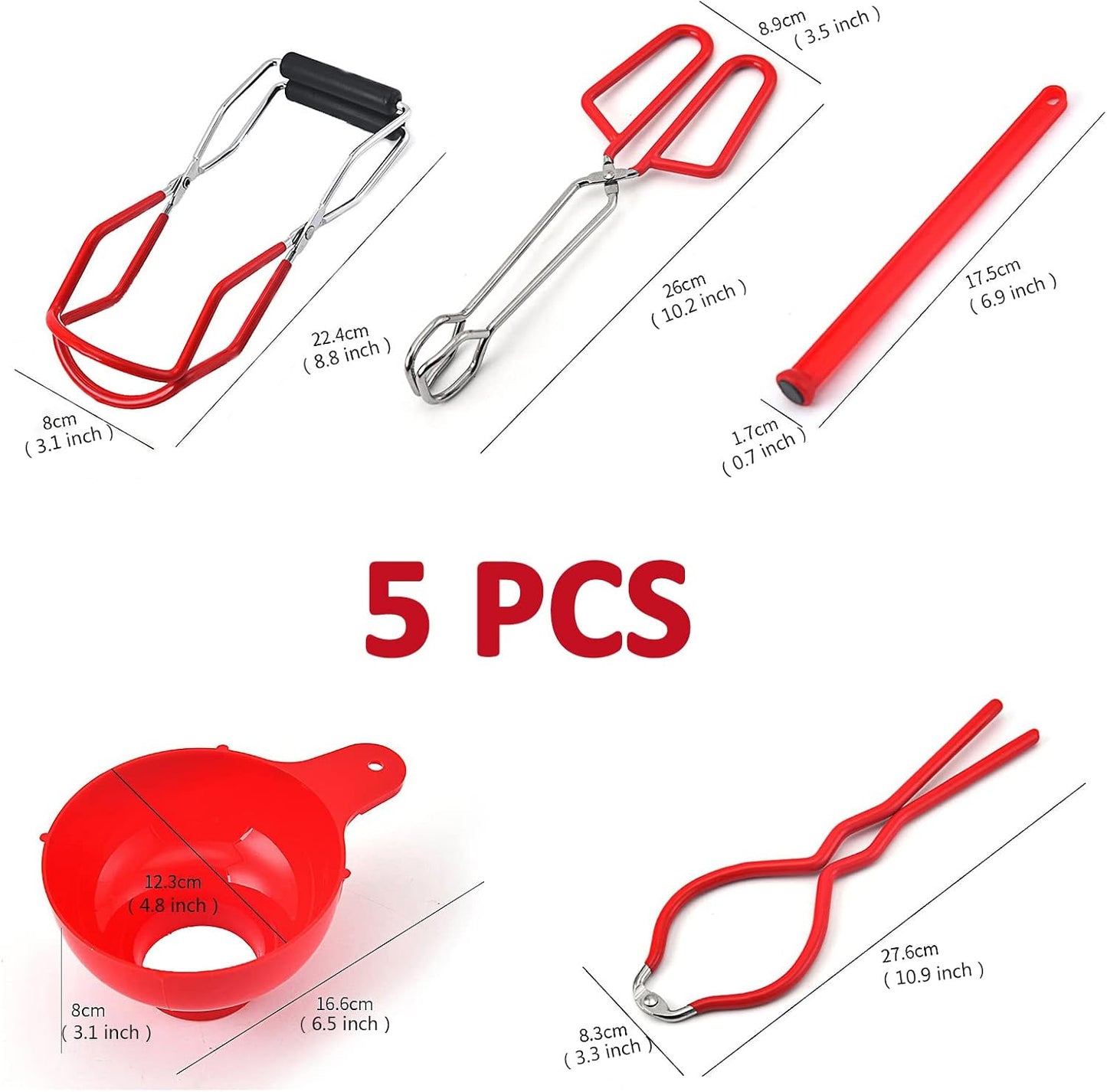 5PCS Canning Supplies Canning Kit, Canning Essentials Set Include Tongs, Wide Mouth Funnel, Jar Lifter, Jar Wrench, Magnetic Lid Lifter, Stainless Steel Anti-Scald Clip Suit (Red)