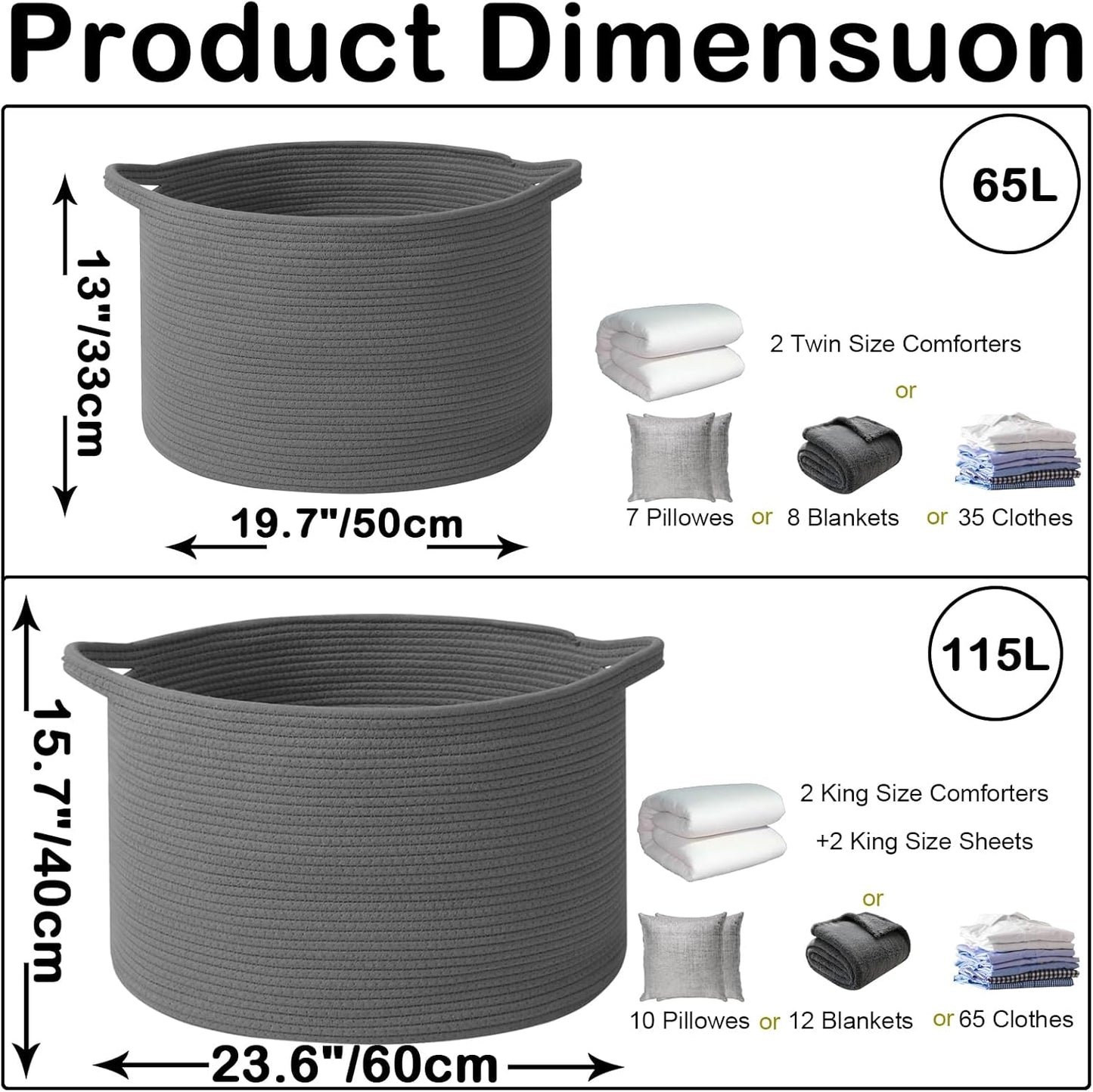 Large Blanket Basket for Organizing,65L Closet Organizers and Storage Bins Box for Shelves Woven Rope Storage Baskets,Living Room,Bedroom,Dorm,Laundry room (Dark Grey)