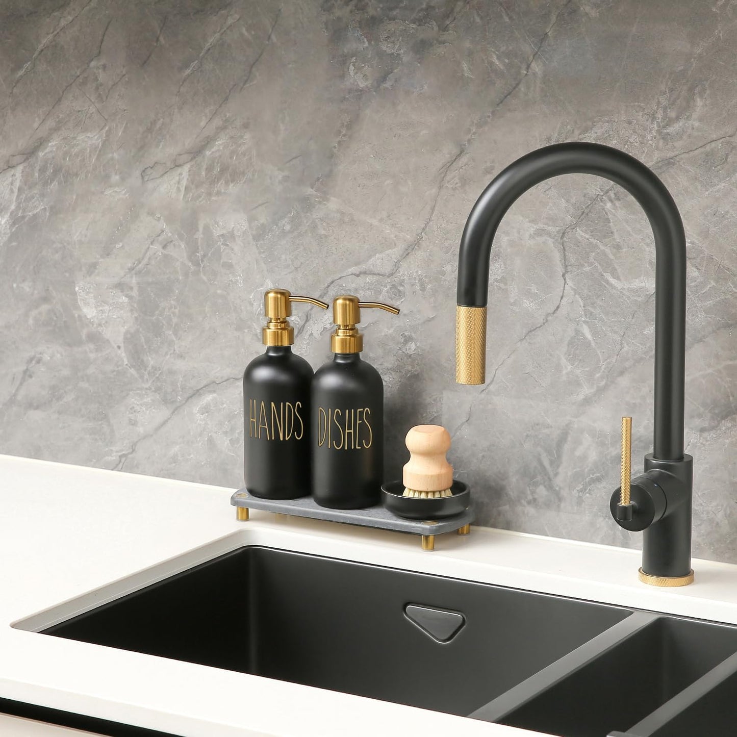 MOMEEMO Soap Dispenser Set Comes with Stainless Pumps, Instant Dry Tray, and Dish Scrub Brush, Suitable for Black and Gold Kitchen Decor. (Black & Gold)