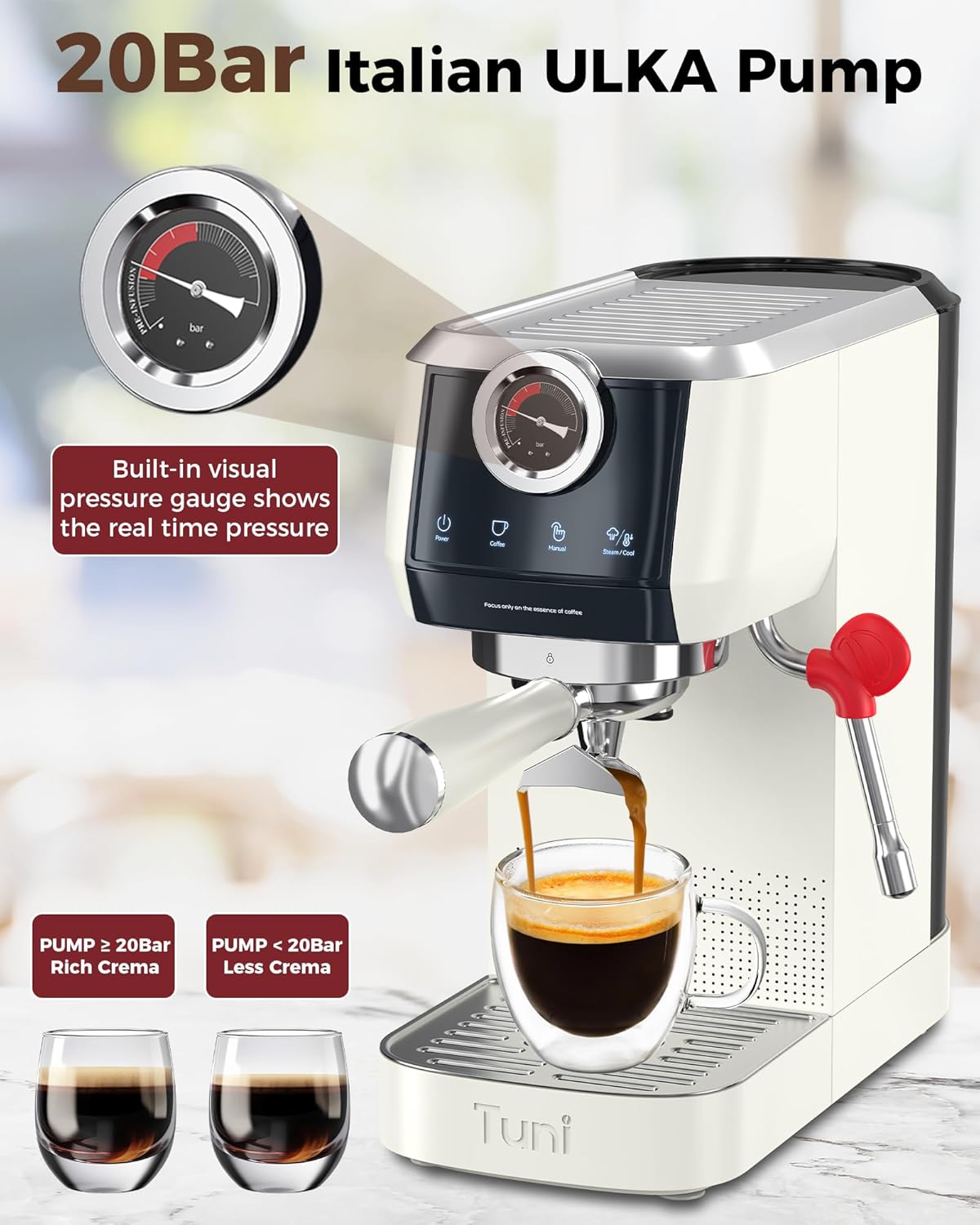 Tuni E2 58mm Espresso Machine with G1 Ivory Conical Burr Coffee Grinder and Bottomless Portalfilter Combo