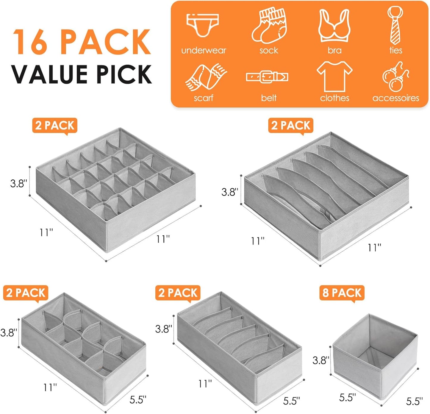 Criusia 16 Pack Sock Underwear Drawer Organizer, 96 Cells Dresser Organizer for Baby Clothes, Foldable Fabric Closet Organization and Storage Dividers Bins for Nursery, Bedroom