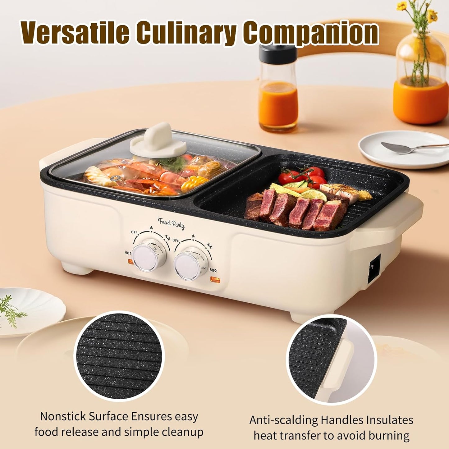 Food Party Hot Pot Electric Grill 2 in 1 Korean BBQ Grill Indoor Smokeless Hotpot Pot Electric Cooker Sahabu Shabu Pot Non Stick (Small)