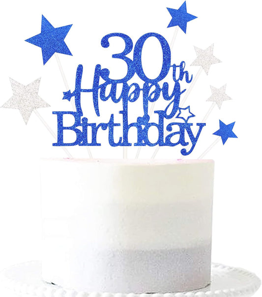 Glittery 30th Happy Birthday Cake Topper with Star,Personalised 50 Birthday Cake Toppers Party Decorations Party Supplies for Men Women Blue