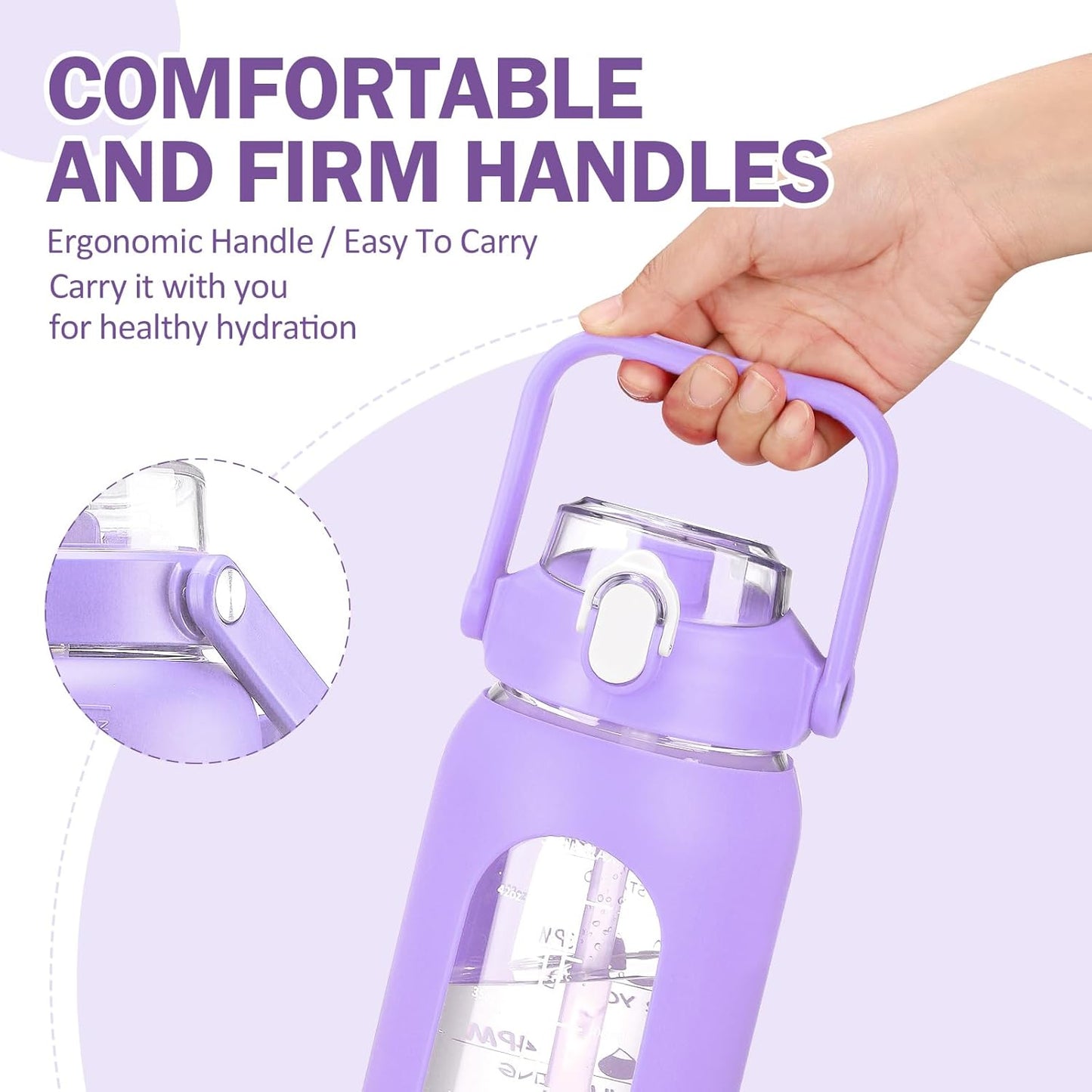 kytffu 56oz Glass Water Bottles with Straw, Motivational Glass Bottle with Silicone Sleeve and Time Marker, Leakproof Large Glass Water Jug for Gym Home Office,Purple