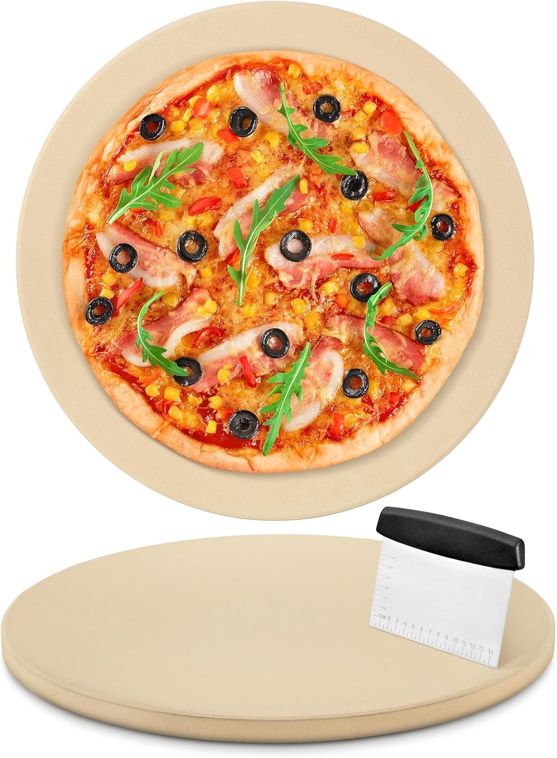 12 Inch Pizza Stone for Oven and Grill, Round Cordierite Baking Stone Thermally Shock Resistant for No More Soggy Pizza, Includes Scraper, Fits Standard Ovens (0.6" Thick)