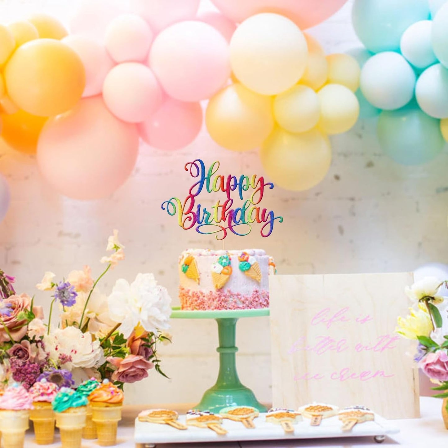 ZHUOWEISM 1 PCS Happy Birthday Cake Topper Glitter Happy Birthday Cake Pick for Celebrating Happy Birthday Anniversary Party Cake Decorations Supplies Colorful