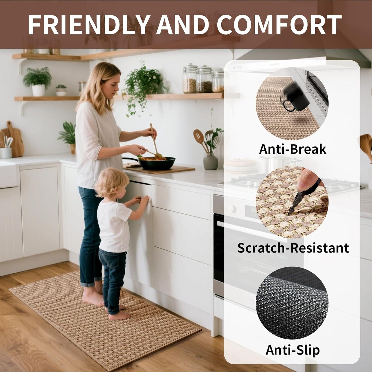 Kitchen Mat Kitchen Rugs Sets of 2 PCS Non Slip Washable, Super Absorbent Soft Braided Kitchen Mats for Floor, Rubber Backing Comfort Standing Kitchen Sink Mat Runner Rug, Brown 17"x28"+17"x59"