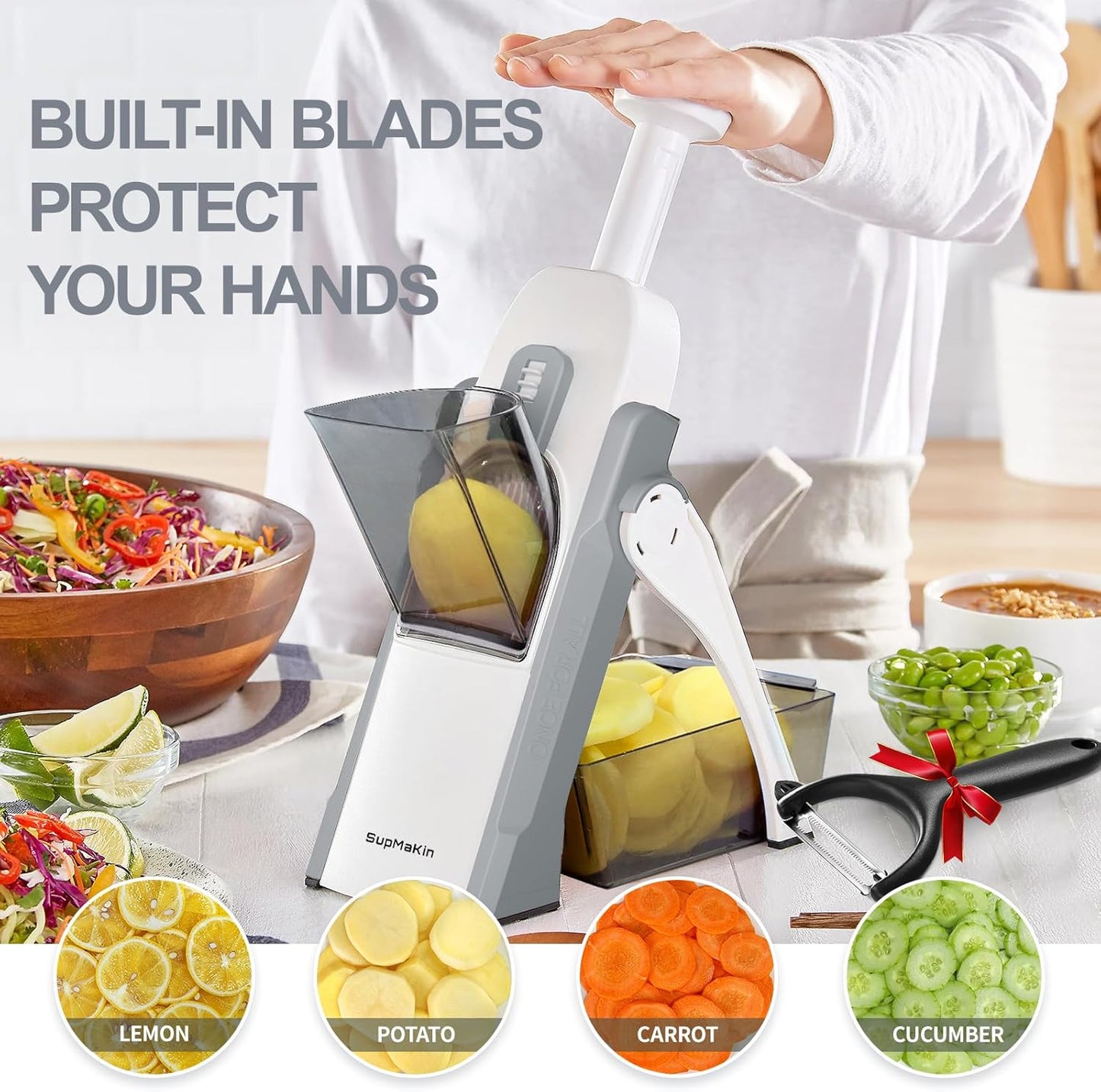 SupMaKin Safe Mandoline Slicer for Kitchen, Vegetable Food Potato Chip Slicer Maual Adjustable Thickness, Chopping Artifact Fast Veggie Salad Chopper Light Gray