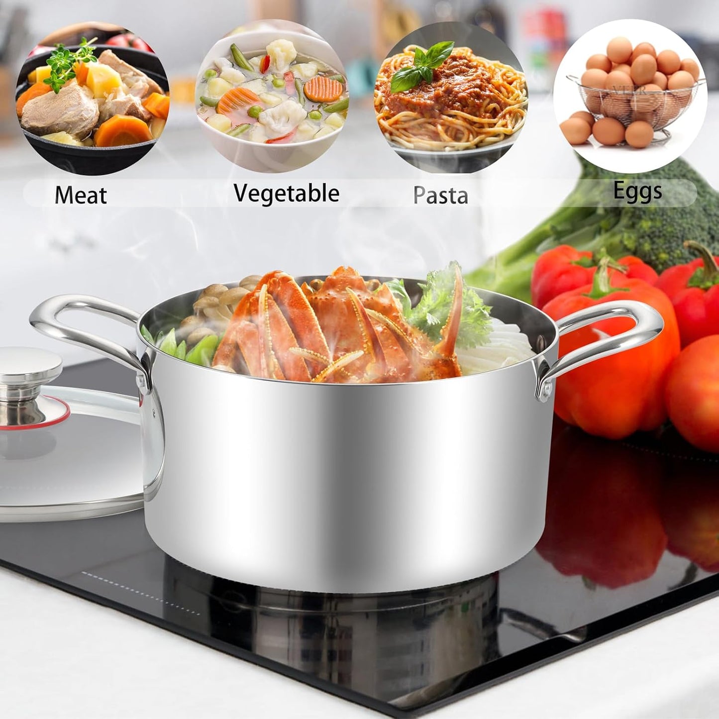 TeamFar 8 Quart Stock Pot, Stainless Steel Tri-ply Stockpot Pasta Cooking Pot with Glass Lid, for Induction Electric Gas Ceramic Stoves, Toxic Free & Heavy Duty, Double Handles & Dishwasher Safe