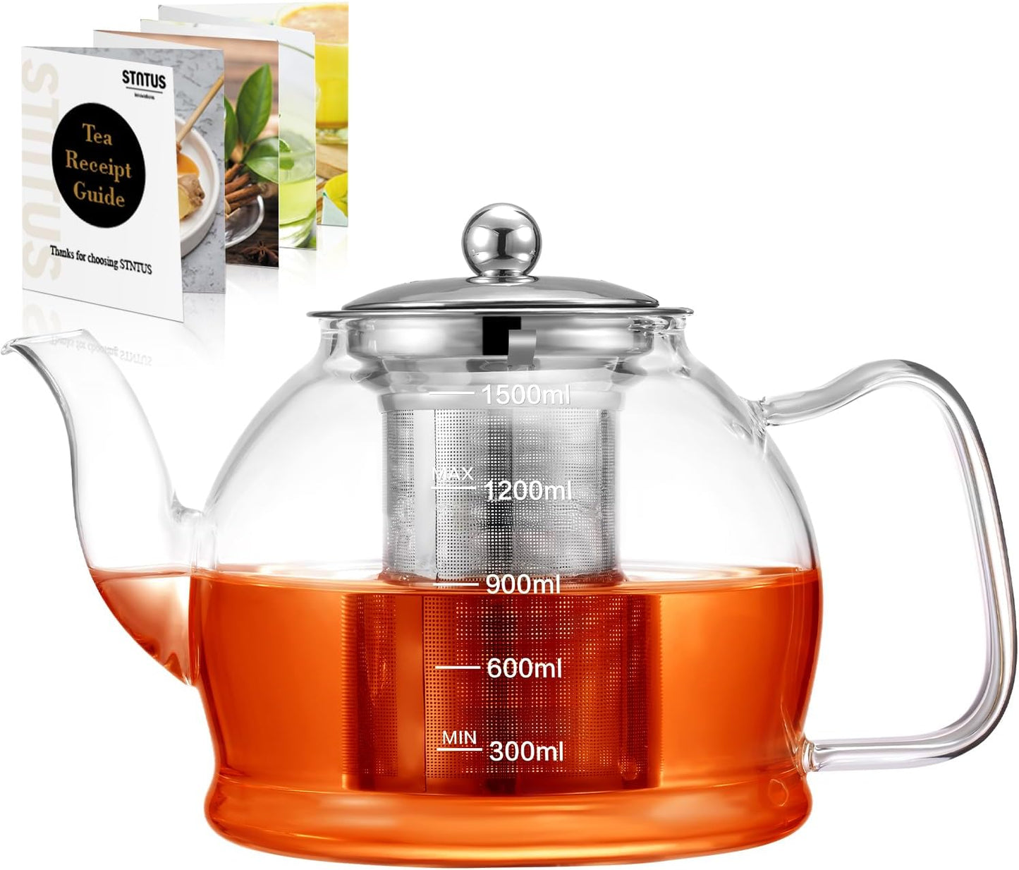 STNTUS Glass Teapot, 52 oz / 1500 ml for Loose Tea, Teapot with Infusers for Loose Tea, Stainless Steel Strainer, Tea Pot for Stove,