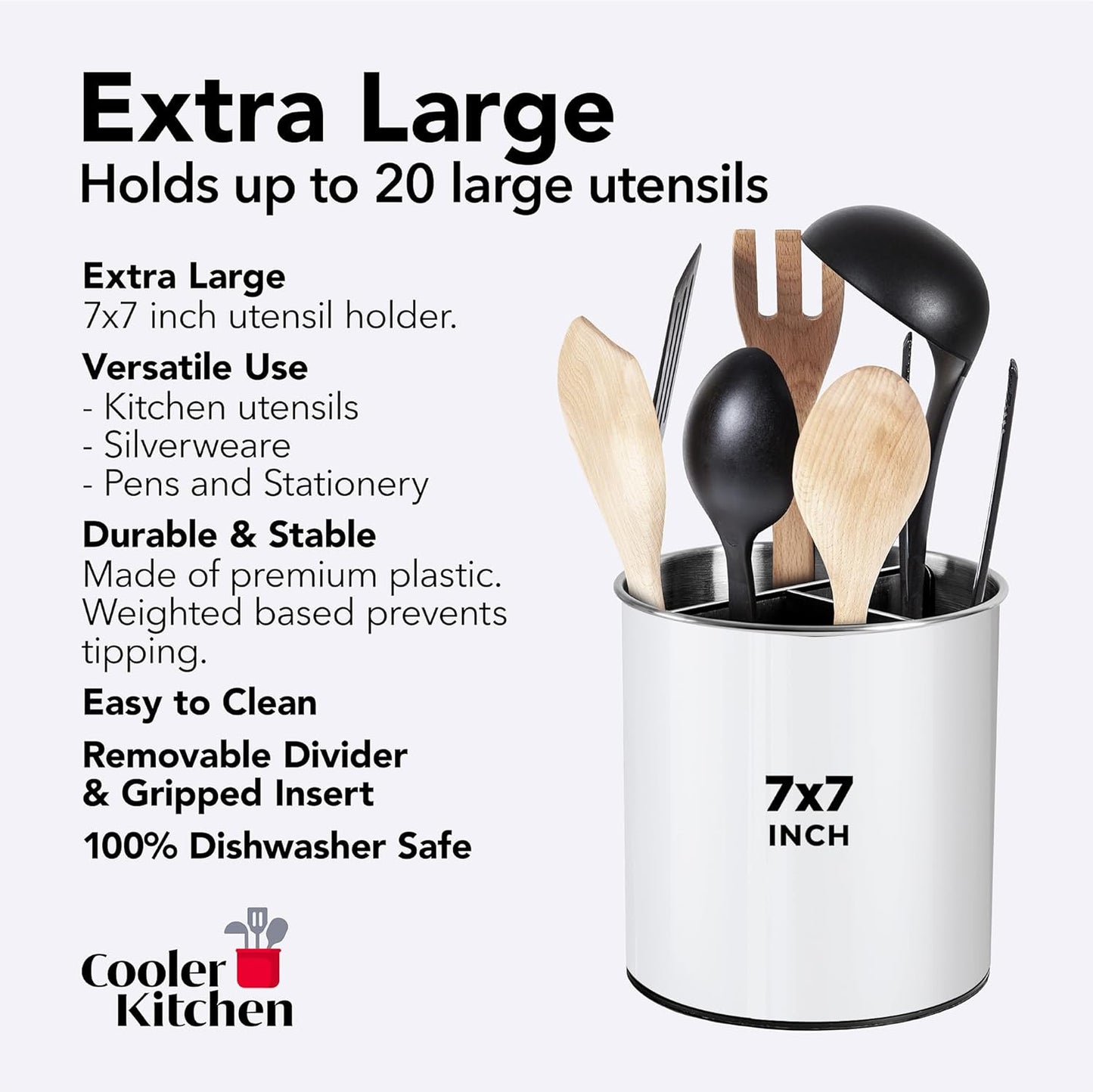 Rotating Extra Large Stainless Steel Utensil Holder Caddy with Sturdy No-Tip Weighted Base, Removable Divider, and Gripped Insert Bottom - Dishwasher Safe Metal Cooking Utensil Holder (White)