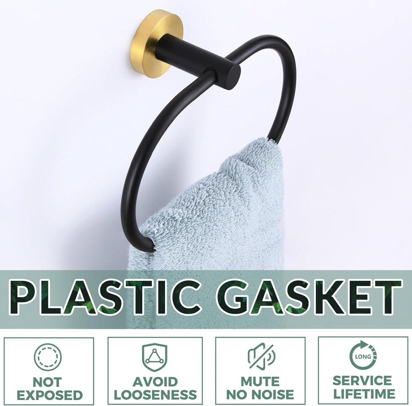 APLusee Black Gold Hand Towel Ring, Stainless Steel Hand Towel Holder for Bathroom Wall Mounted