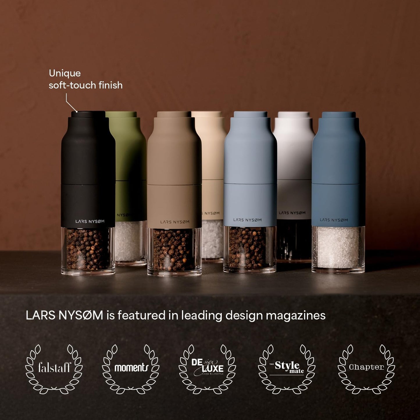 LARS NYSØM Salt and Pepper Grinder Set, Stainless Steel Manual Salt and Pepper Mills, Adjustable Ceramic Grinder, Design Spice Shakers (Stainless Steel)