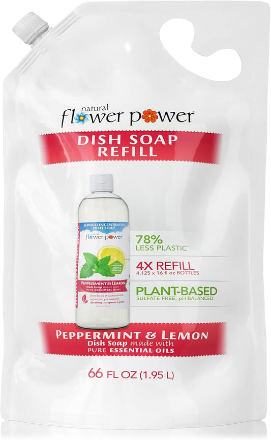 Liquid Dish Soap Refill – 66 Fl Oz Refills 4X – Plant-Based & Scented w/Pure Essential Oils – Natural Dishwashing Detergent – Sulfate-Free Kitchen Soap (Peppermint & Lemon)
