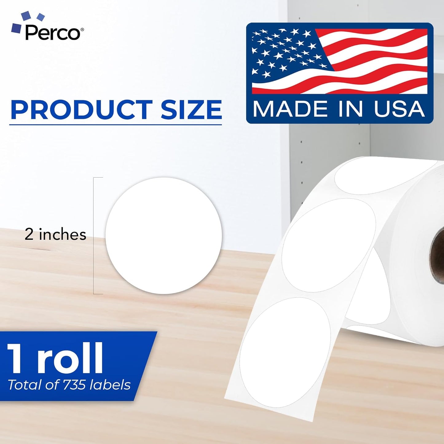 Perco White 2-Inch Perforated Circle Dot Thermal Sticker Labels — 735 Stickers/Roll, Direct Thermal Printer Compatible—with Permanent Adhesive for Organizing, Color Coding, Bin Labeling—Made in USA