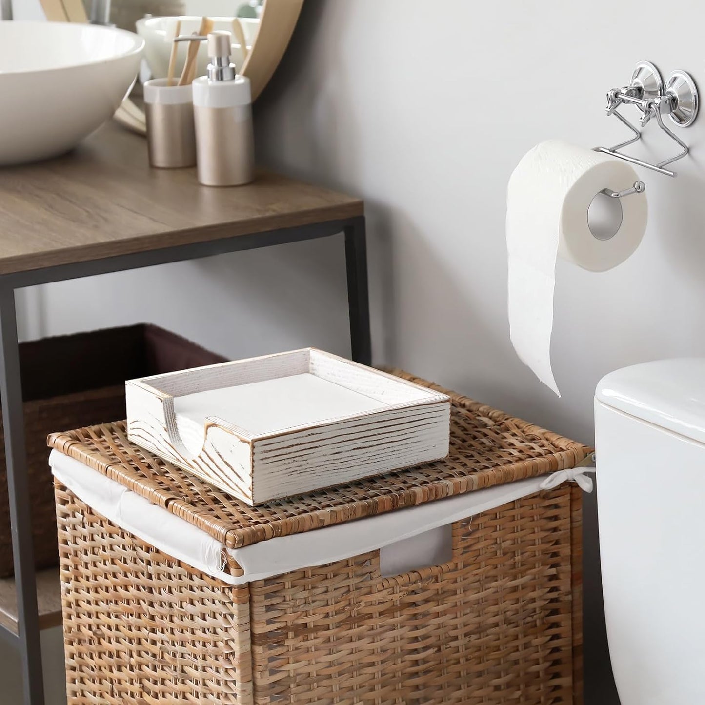 Napkin Holder for Table, White Washed Wood Napkins Holders For Paper Napkins, Flat Napkin Holder for Luncheon, Napkin Holders for Kitchen Dinner Decor, Napkin Dispenser for Indoor & Outdoor Use