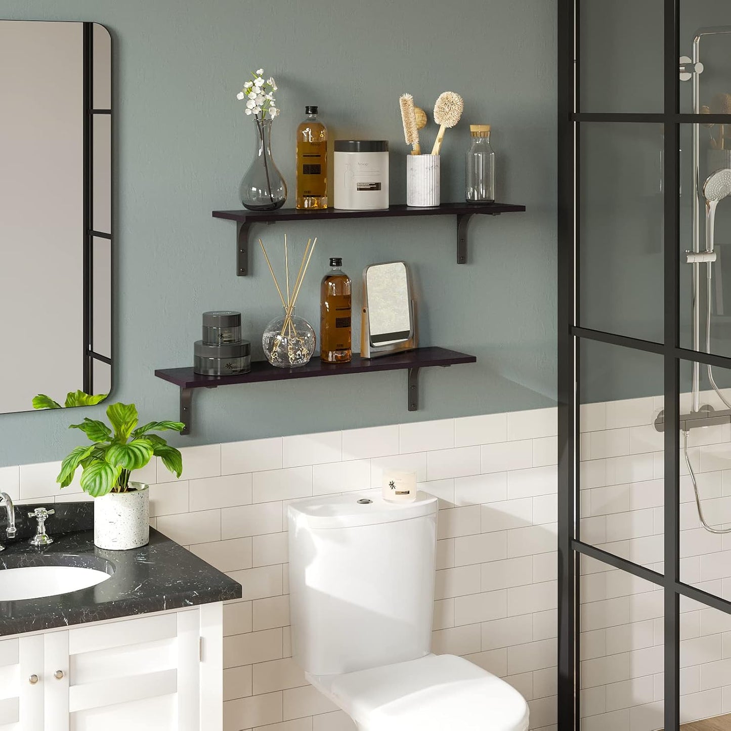 DINZI LVJ Long Wall Shelves, 23.6 Inch Wall Mounted Shelves Set of 2, Easy-to-Install, Wall Storage Ledges with Sturdy Metal Brackets for Living Room, Bathroom, Bedroom, Kitchen, Espresso