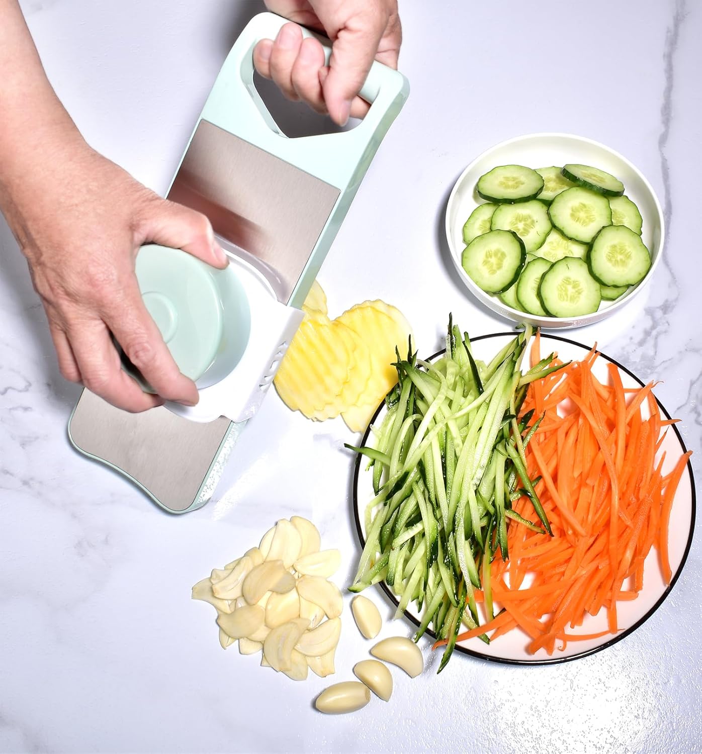 Multi-Purpose Mandoline Slicer with Slide-On Hand Guard - Vegetable Chopper, Potato/Onion/Garlic Slicer, Kitchen Grater(Multi-Color) (Seafoam green, 5-in-1)