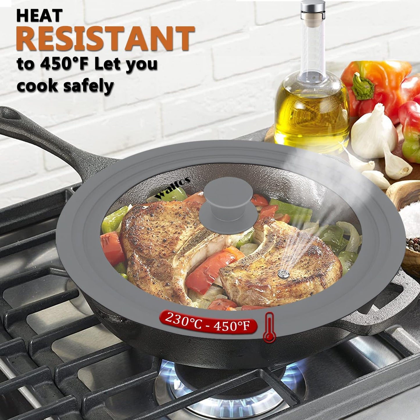 Universal Lid for Pots, Pans and Skillets - Walfos Tempered Glass Pan Lid with Heat Resistant Silicone Rim, BPA Free Large Pot Lids Fits 7" to 12" Diameter Cookware, Dishwasher-Safe, Grey