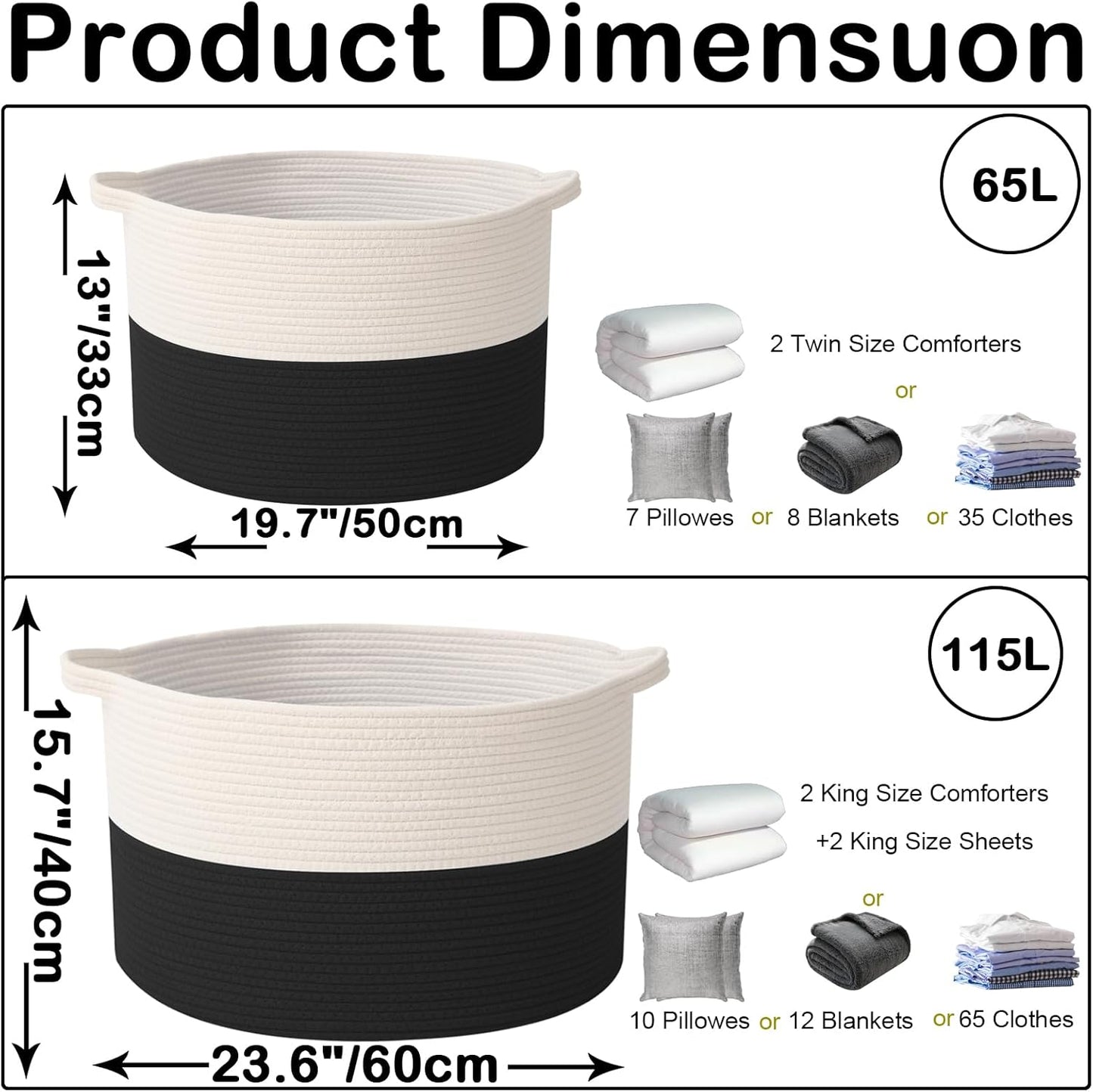 Large Blanket Basket for Organizing,115L Closet Organizers and Storage Bins Box for Shelves Woven Rope Storage Baskets,Living Room,Bedroom,Dorm,Laundry room (White&Black)