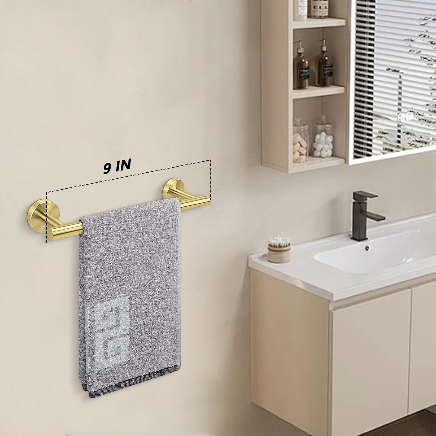 NearMoon Bath Towel Bar, Bath Accessories Thicken Stainless Steel Shower Towel Rack for Bathroom, Towel Holder Wall Mounted (1 Pack, Brushed Gold, 9 Inch)