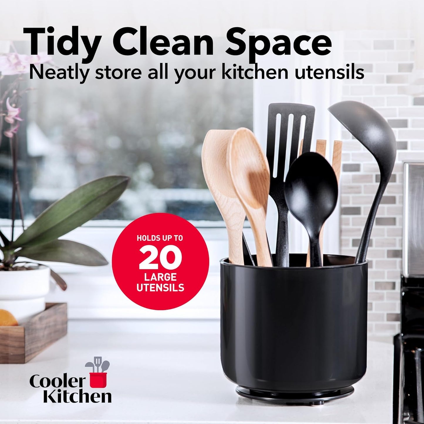 Extra Large Sturdy Rotating Black Utensil Holder Caddy with No-Tip Weighted Base, and Gripped Insert - Rust Proof and Dishwasher Safe Kitchen Utensils Holder