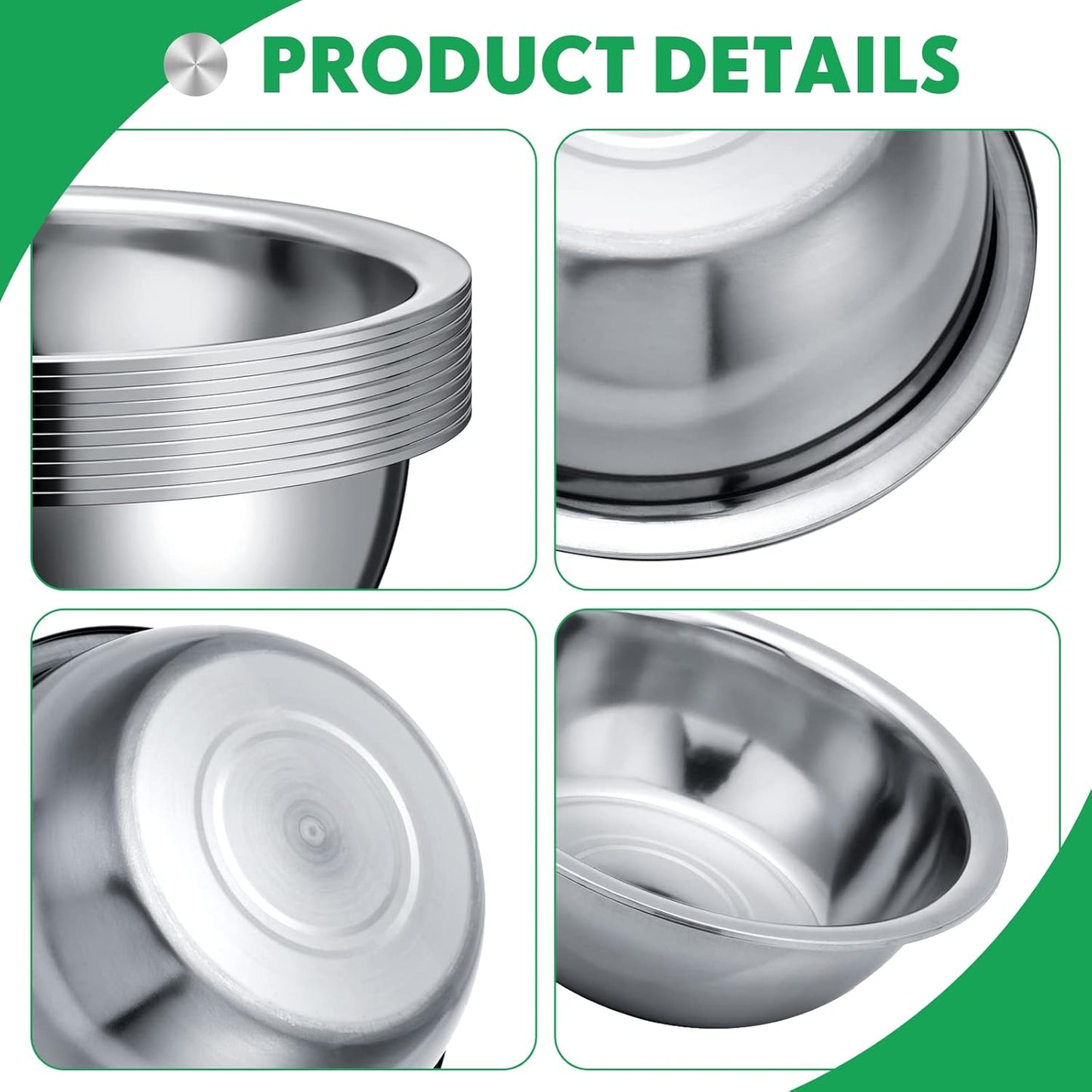 Pinkunn Set of 12 Stainless Steel Mixing Bowls, Nesting Metal Prep Salad Bowl Bulk Kitchen Large Reusable Baking Food Container for Hotel Restaurant Home Cooking, Silver(11 x 3.54 Inch)