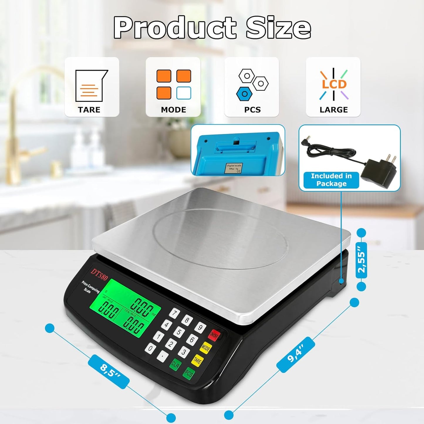 Large Digital Kitchen Scale 40kg/88lb Stainless Steel Price Computing Scale Counting Scale Deli Scale with LCD Display for Baking Bread Cooking Meat Prep Parts and Coins Adapter Included (Black)