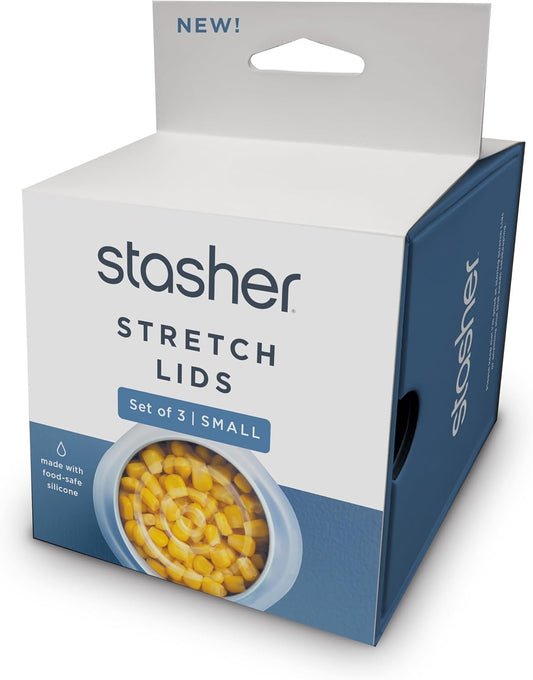 Stasher Premium Reusable Silicone Stretch Lids 3-Pack Box - Small, Clear, 2.5” Lids, Airtight Seal, Food Container Covers, BPA Free, Leak-free, Dishwasher Safe, Microwave Safe, Eco-Friendly