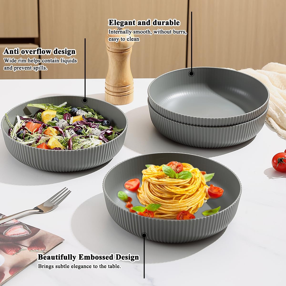 Kyraton Pasta Bowls Set of 4, 37oz Salad Bowls Soup Bowls Large Pasta Serving Bowl Plastic Unbreakable Serving Dishes Dinner Bowls (Grey)