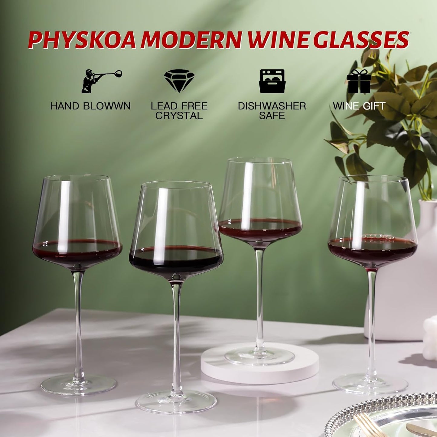 Physkoa 18oz Red Wine Glasses Set of 4-LeadFree Crystal Wine Glass with Tall Long Stem【Hand Blown Italian Style】 Stemmed Square Wine Glasses Gifts for Home Party