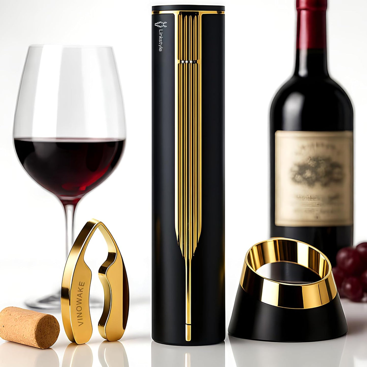 VINOWAKE Openero Electric Wine Opener By LINKSTYLE — Rechargeable Battery with Charging Base, Precision Steel Foil Cutter, Luxurious Matte Finish