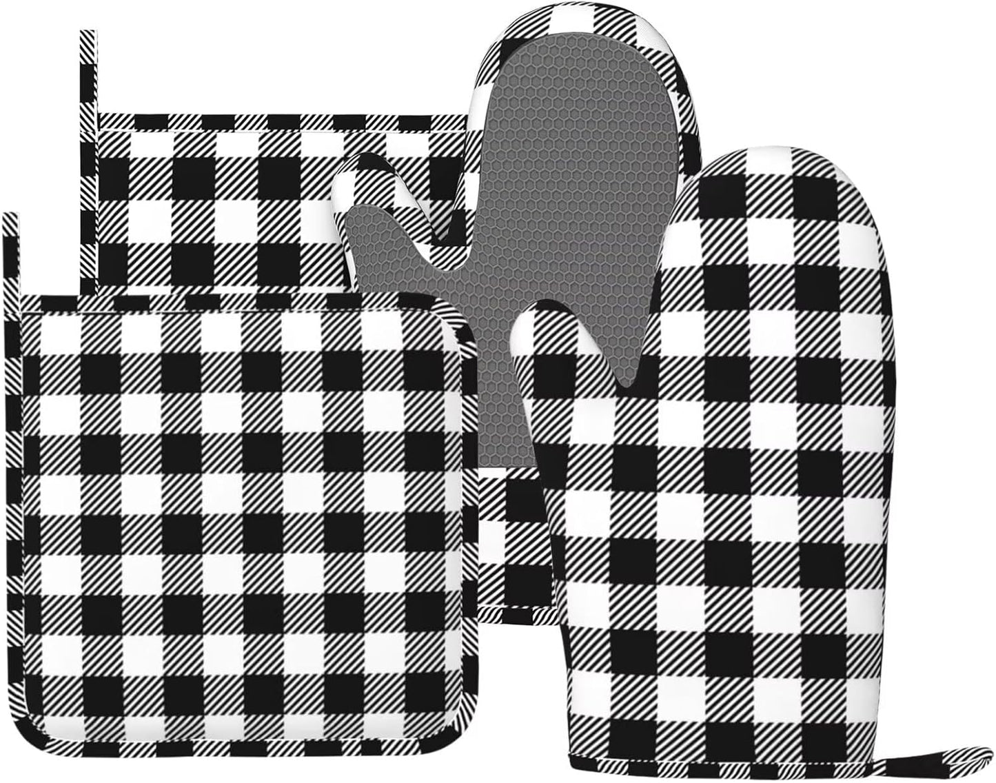 Black Checked Pattern Oven Mitts and Pot Holders Set of 4 Silicone Gingham Plaid Check Black Kitchen Mitten Gloves and Potholders Set Heat Resistant Oven Gloves Hot Holders for Kitchen