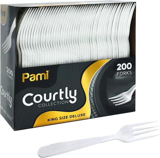 PAMI Heavy Weight Disposable Plastic Forks [200-Pack] - Bulk King Size Deluxe White Plastic Silverware For Parties, Weddings, Catering Food Stands, Takeaway- Heavy-Duty Single-Use Partyware Forks