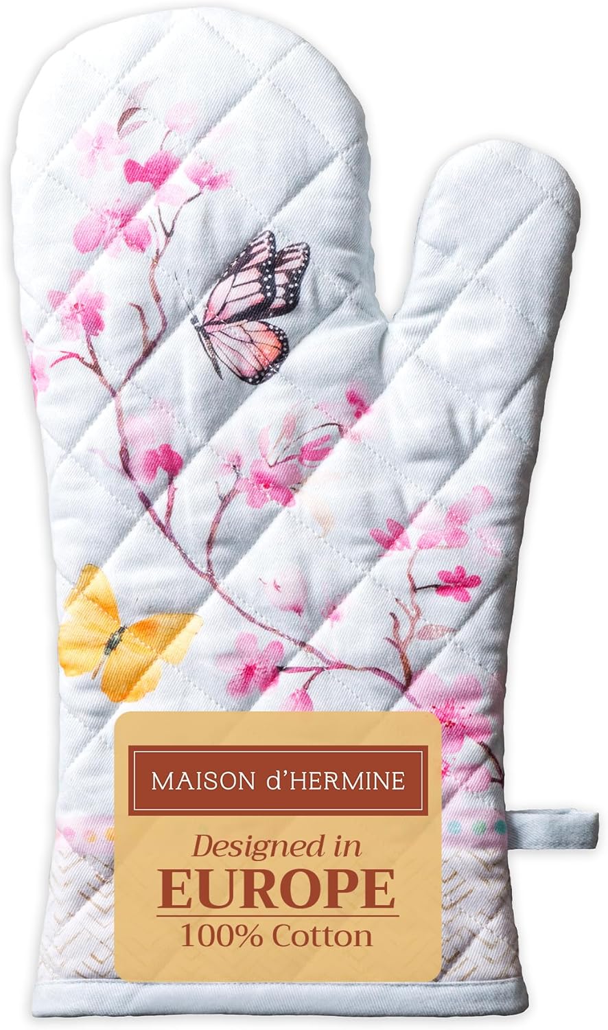 Maison d' Hermine Oven Gloves 100% Cotton Oven Mitt 7" x 13" with Loop Heat Resistant, BBQ, Cooking Gloves, Baking, Grilling, Kitchen, Handling Hot Pans Spring/Summer (Pack of 1, Blossoms in Spring)