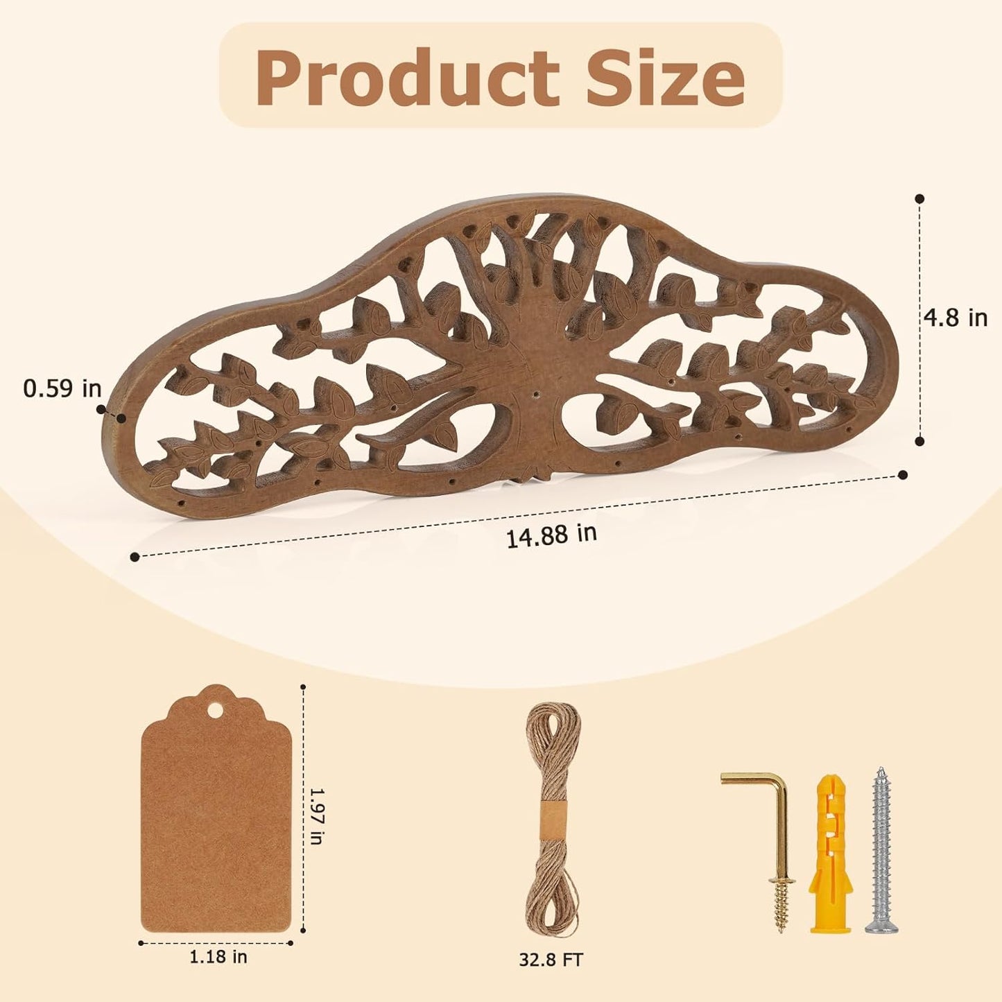 Liitrton Herb Drying Rack Hanging, Wall-mounted Drying Rack for Herbs, Wooden Tree Decor Design, Holds 11 Hooks with Rope and Kraft Labels, Space-saving Plant Herb Flower Dryer, Wall Art Decor