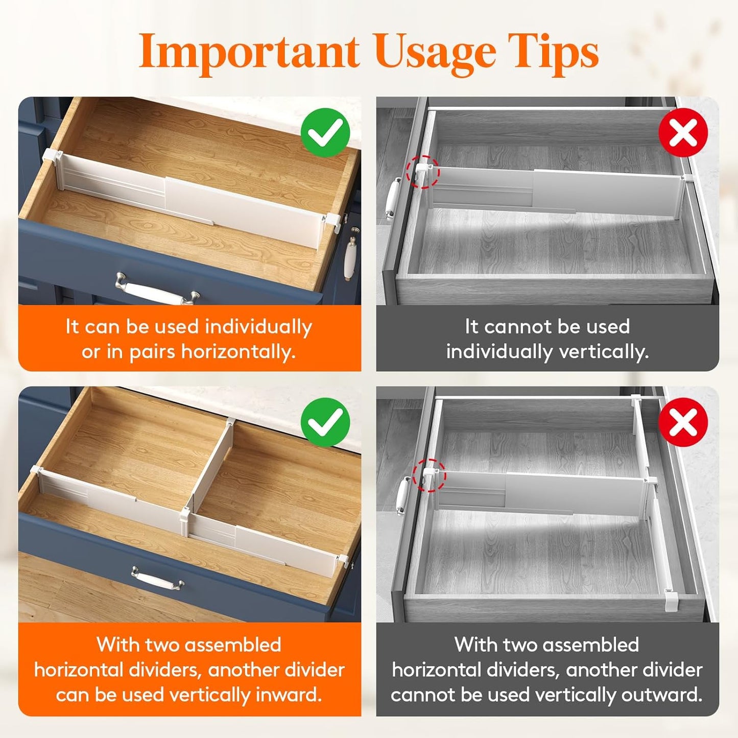 Lifewit Hanging Kitchen Drawer Dividers 3.1" High, 10-17" Adjustable Drawer Organizers for Utensils, Expandable Dresser Separators in Kitchen/Bedroom/Bathroom/Vanity/Office, White(4 Pack)