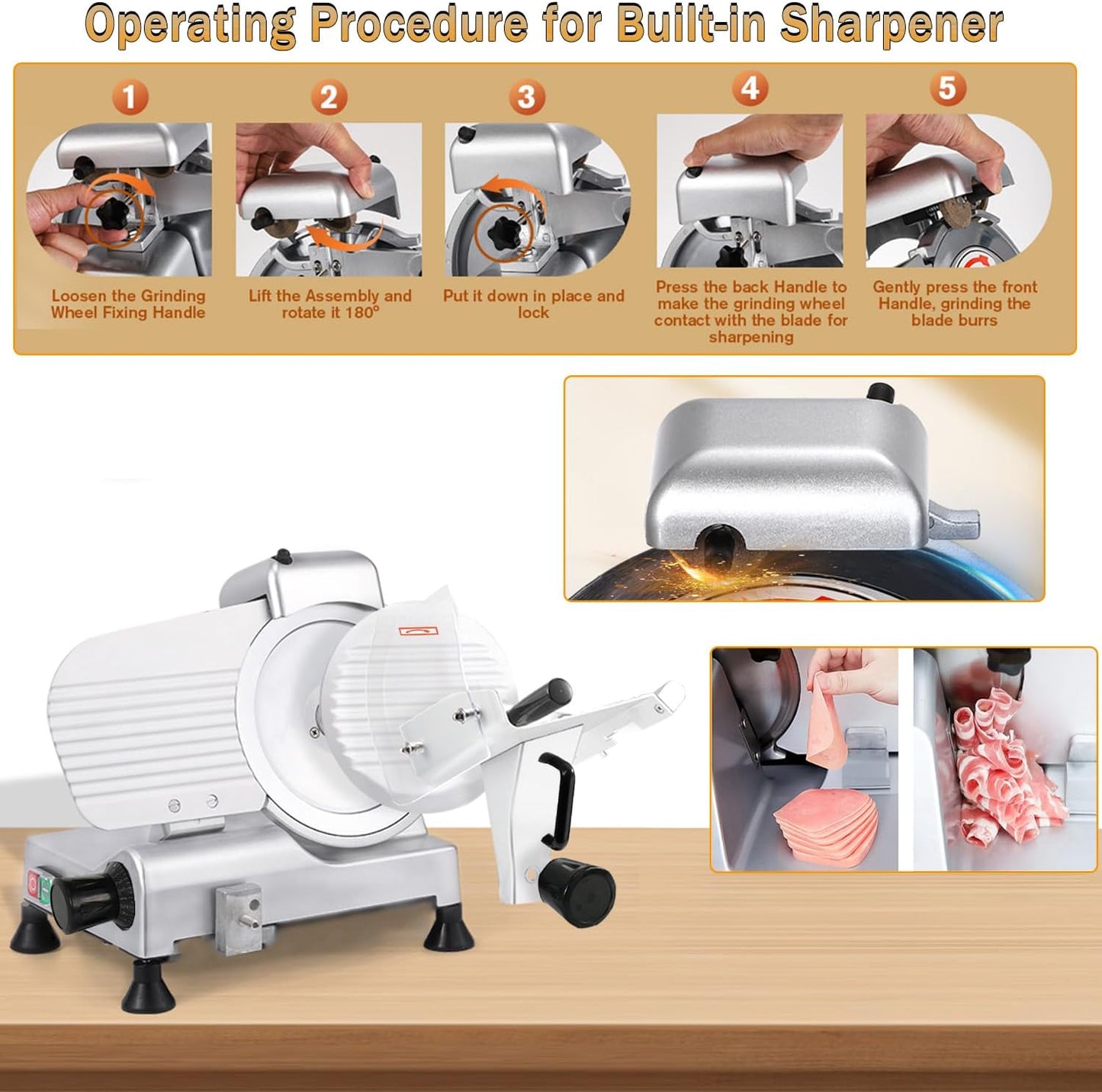 CTJ Commercial Meat Slicer 12" Electric Deli Slicers 250W Meat Cutter Machine (0-0.62") Adjustable Thickness Food Slicer with Cut-Resistant Gloves for Vegetables, Hard Bread, Cheese, Ham